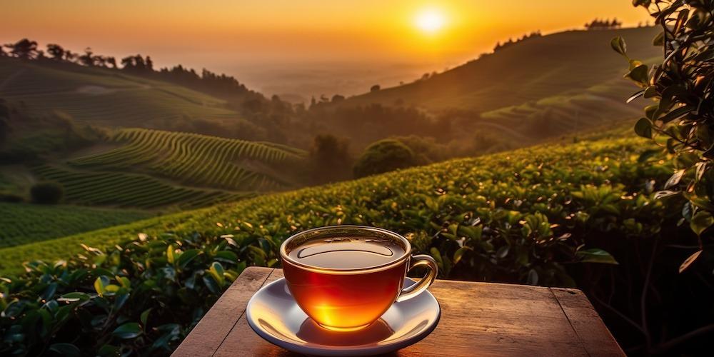 AI Generated. AI Generative. Cup of green tea with field green plantation mountain background scene. Graphic Art Illustration