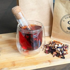 Tea brewing with colorful ingredients.