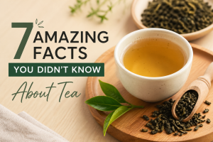 Tea facts with cup and leaves, loose leaf tea benefits