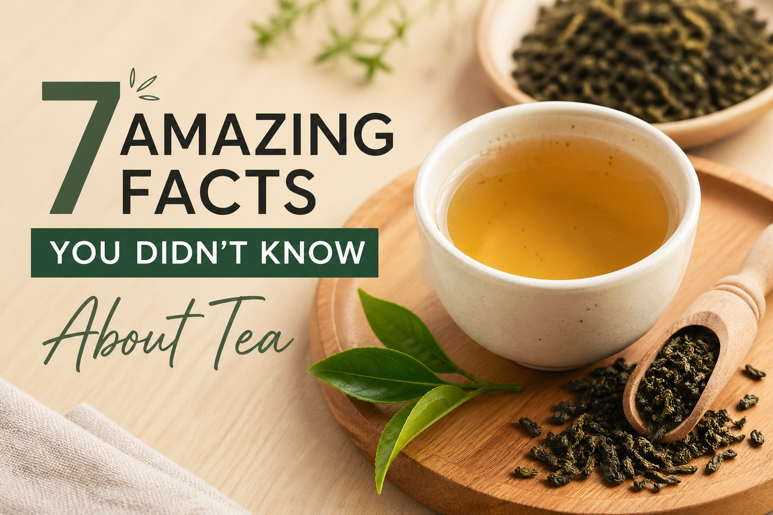 Tea facts with cup and leaves, loose leaf tea benefits