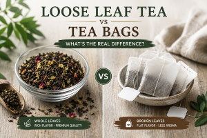 Loose leaf tea vs tea bags comparison showing premium whole leaf tea and traditional tea bags on a wooden table.