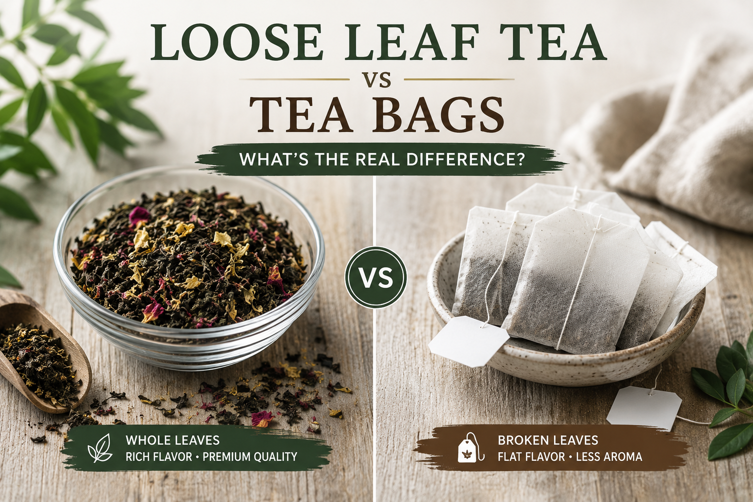 Loose leaf tea vs tea bags comparison showing premium whole leaf tea and traditional tea bags on a wooden table.